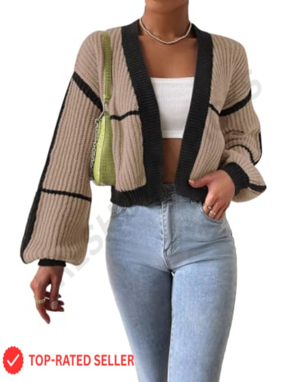 Color Block Crop Cardigan Bishop Sleeve Open Front Sweater